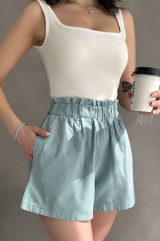 Regular Fit Salaş Kesim Çift Cep Büzgülü Yüksek Belli Kemerli Casual Şort - 5