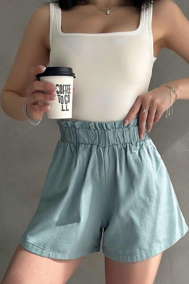 Regular Fit Salaş Kesim Çift Cep Büzgülü Yüksek Belli Kemerli Casual Şort - 4