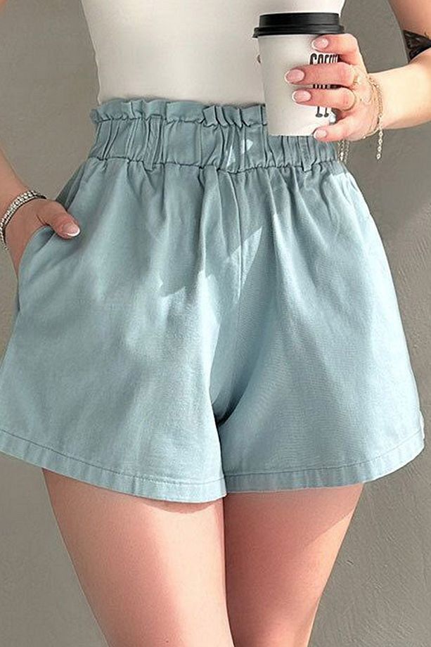 Regular Fit Salaş Kesim Çift Cep Büzgülü Yüksek Belli Kemerli Casual Şort - 1
