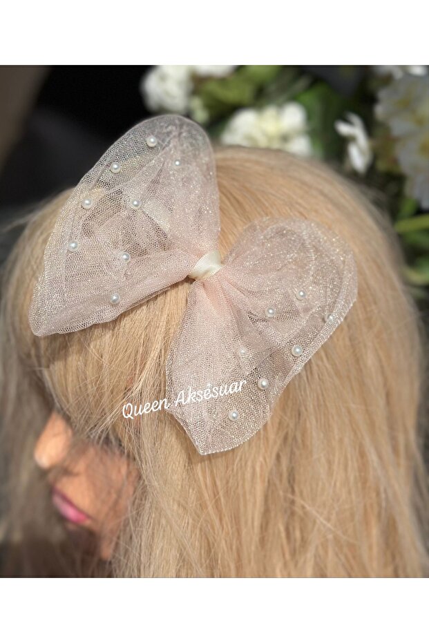 Luxury Design Model Pearl Fancy Cream Beige Satin Princess Crown with Tulle Butterfly Bow Tiara
