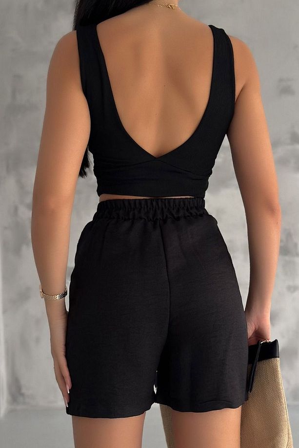 Ragular Fit Lastikli Yüksek Belli Çift Cepli Düğmeli Günlük Casual Keten Şort - 2