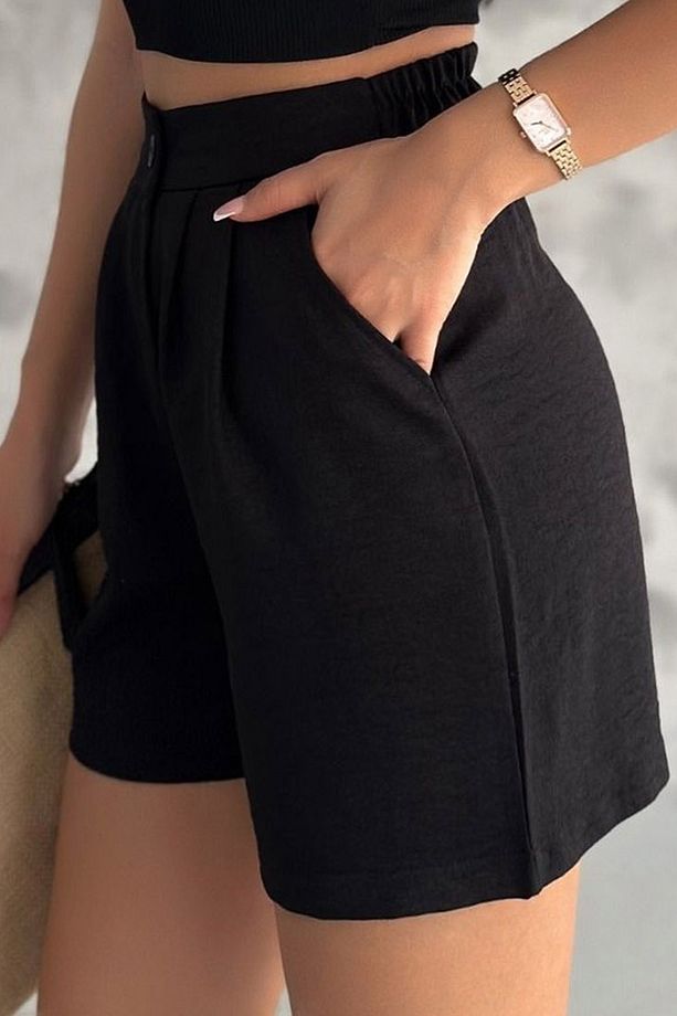 Ragular Fit Lastikli Yüksek Belli Çift Cepli Düğmeli Günlük Casual Keten Şort - 6