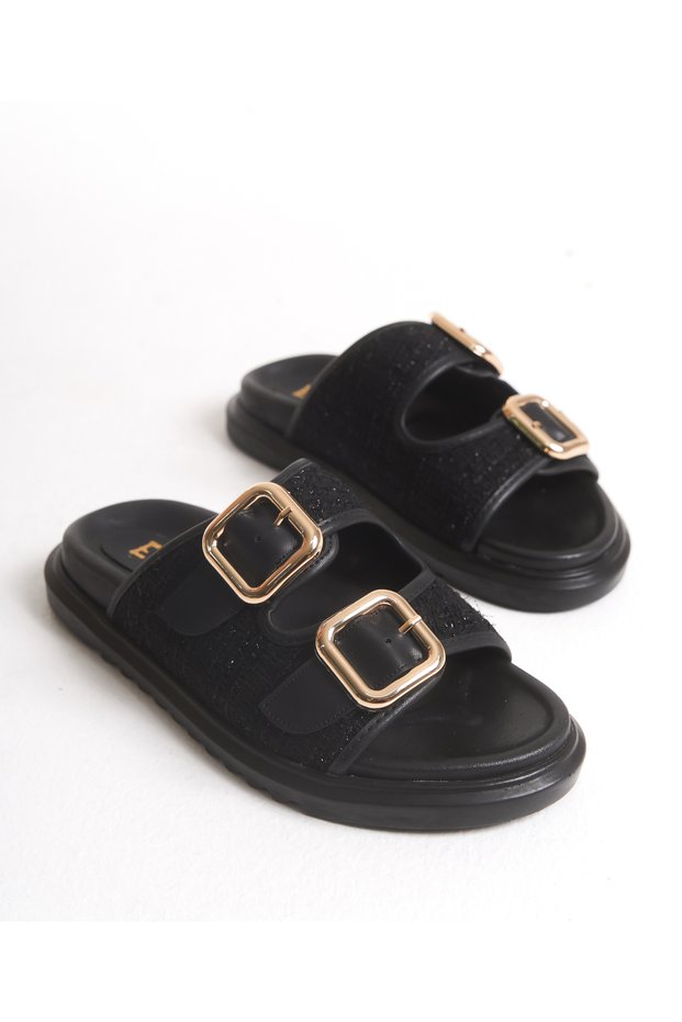 Black Tweed Fabric Double Buckle Women's Comfortable Slippers