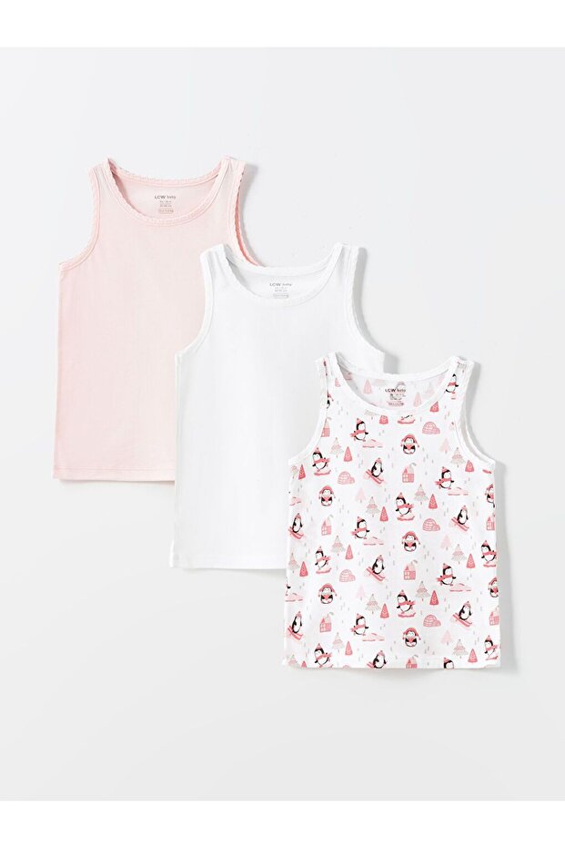 Ecru Crew Neck Baby Girl Undershirt 3-Piece