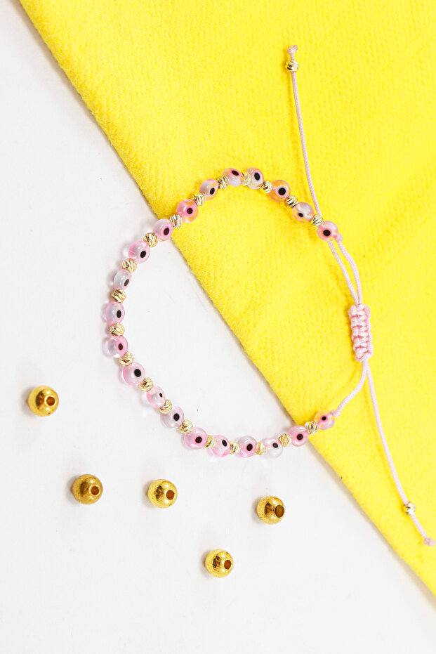 Elevator Dusty Pink Glass Evil Eye Beaded Bracelet, Gift Bracelet