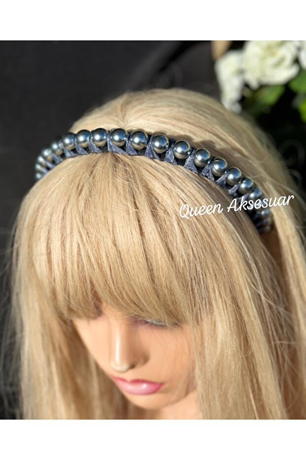 Luxury Satin Knitted Ribbon Fabric Large Pearl Bead Row Crown Bright Silver Gray Color Princess Tiara