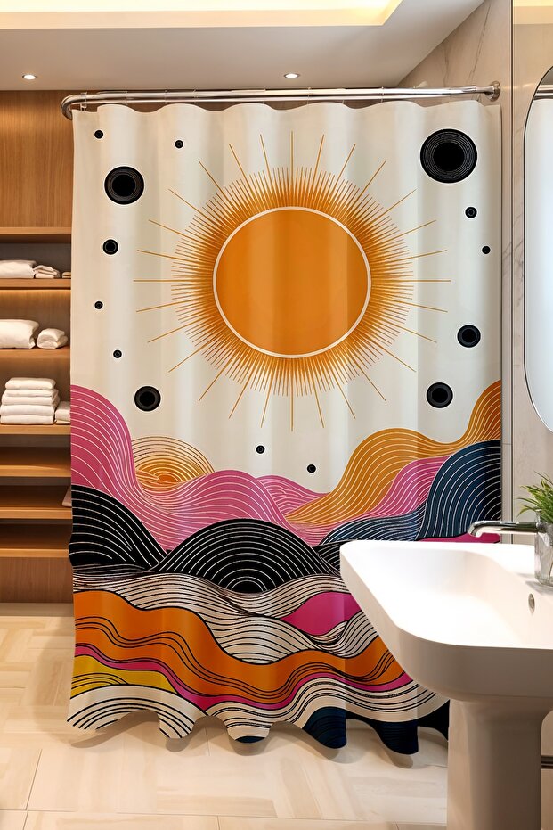 Bathroom Curtain, Colorful Waves and Sun Pattern Shower Curtain, Bathtub Curtain 175X200Cm