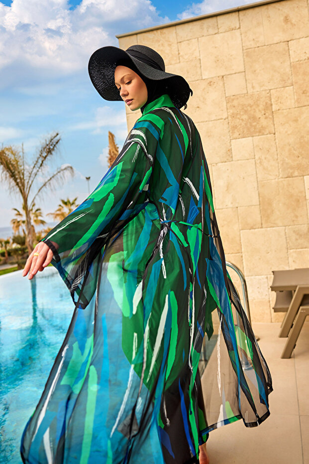 Green Silky Kimono – Thin, Light, Full Length Belted Pareo P2503-1