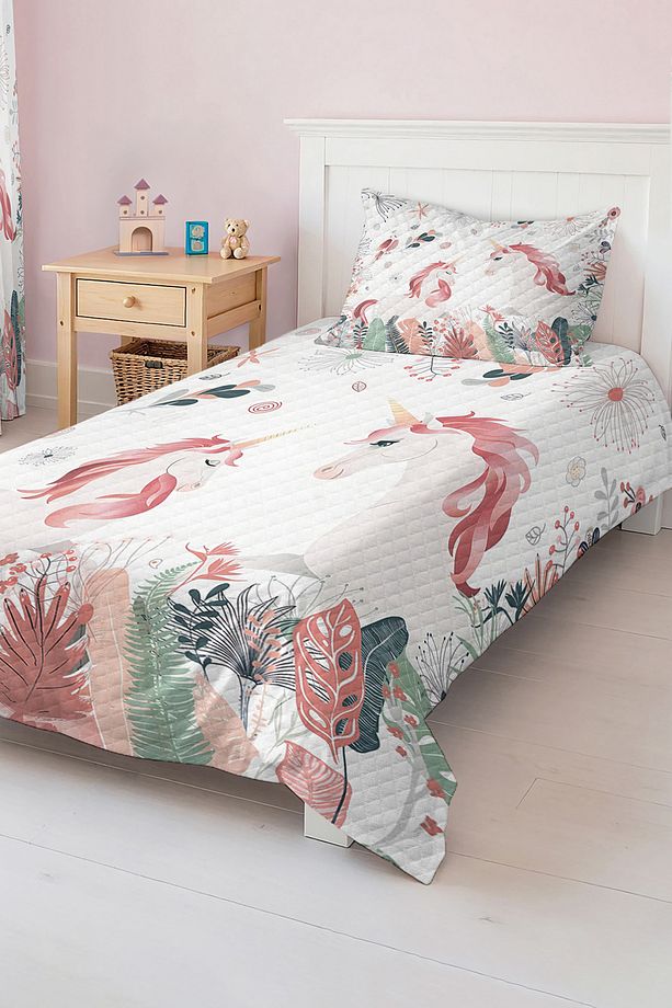 Unicorn Desenli Pembe Yaprak Motifli Kız Çocuk ve Genç Odası Pike Takımı - 4