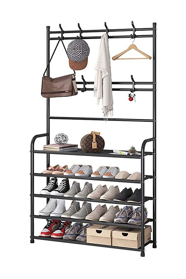 3-in-1 Hall Tree Shoe Bench with Coat Hat Umbrella Rack(Black)