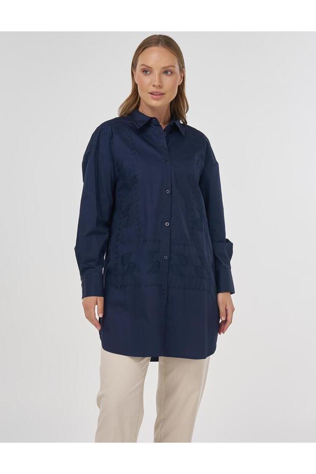 Embroidered Shirt Collar Tunic Navy Blue