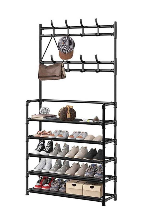 5-Tier Coat and Shoe Rack Lightweight Metal Organizer with 8 Hooks, Hall Tree for Entryway, L