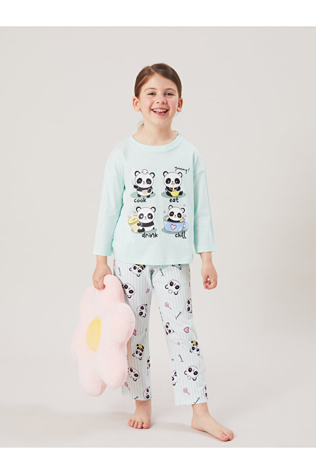 Bisiklet Yaka Kız Çocuk Pijama Takımı - 1