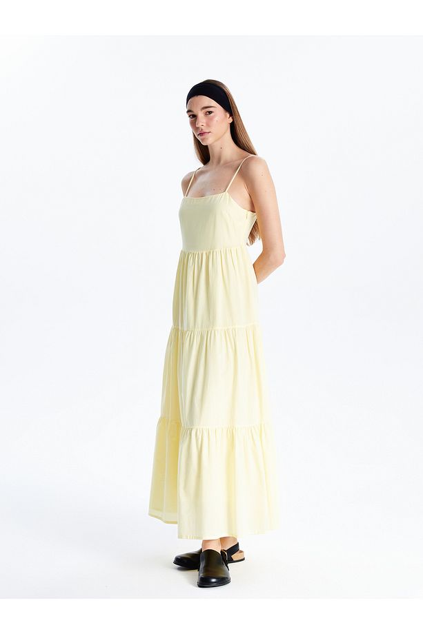 Kare Yaka Askılı Poplin Elbise - 4