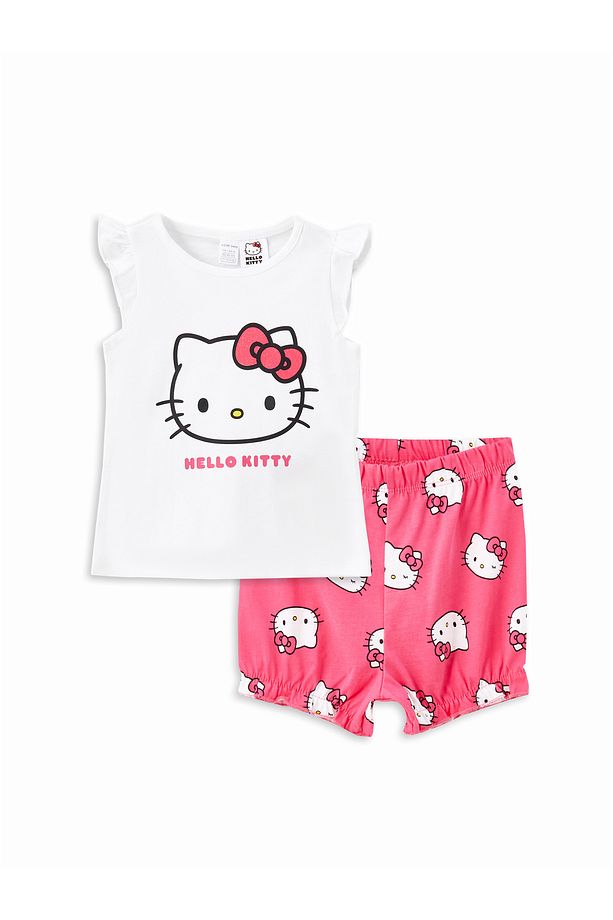 Bisiklet Yaka Hello Kitty Baskılı Kız Bebek Şortlu Pijama Takımı - 1