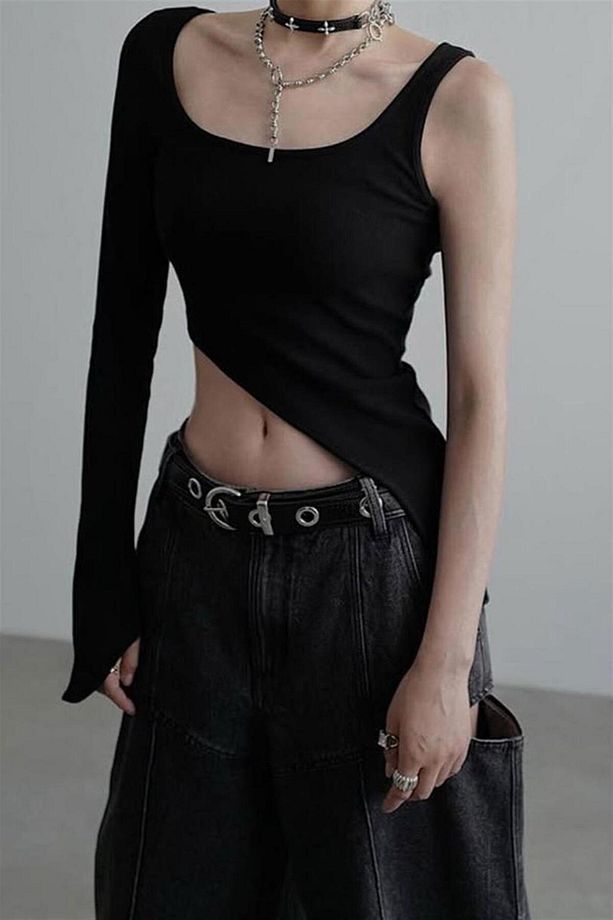 Siyah Kare yaka Tek Gotik Y2K Kollu Crop - 2