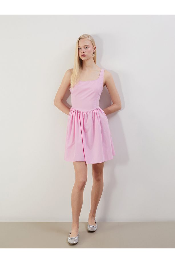 U Yaka Poplin Mini Elbise - 1