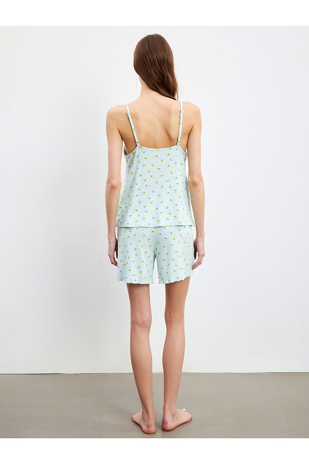 V Yaka Desenli Kadın Şortlu Pijama Takımı - 6
