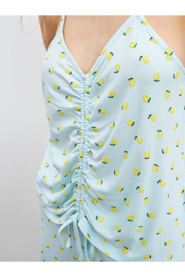 V Yaka Desenli Kadın Şortlu Pijama Takımı - 5