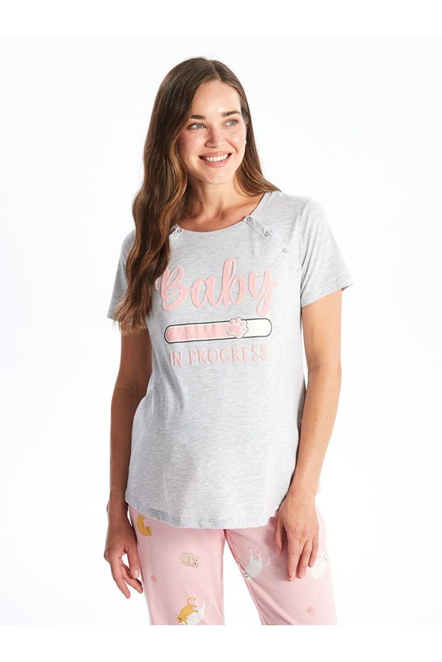LCW DREAM Crew Neck Printed Short Sleeve Maternity Pajama Set
