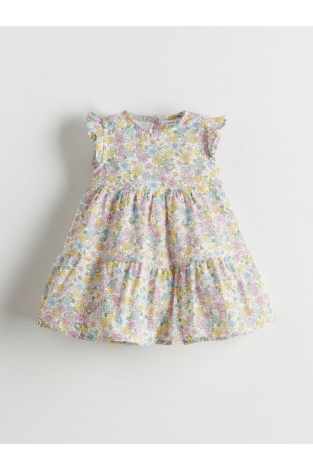 Bisiklet Yaka Çiçekli Kız Bebek Poplin Elbise - 1