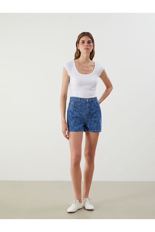 Jeans Indigo Standart Fit Çiçekli Kadın Jean Şort - 1