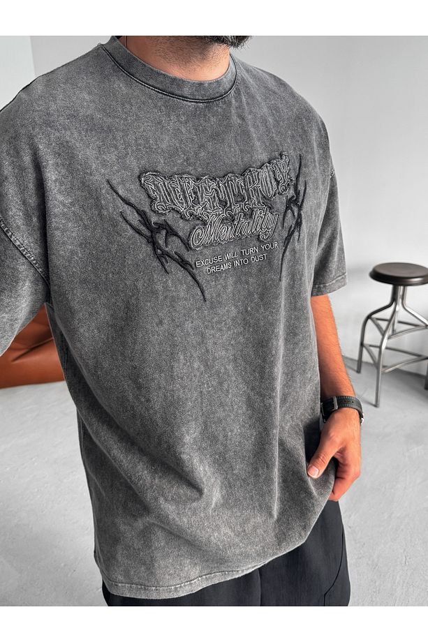 Antrasit Mentality Yıkamalı Oversize T-Shirt JJ-159 - 5