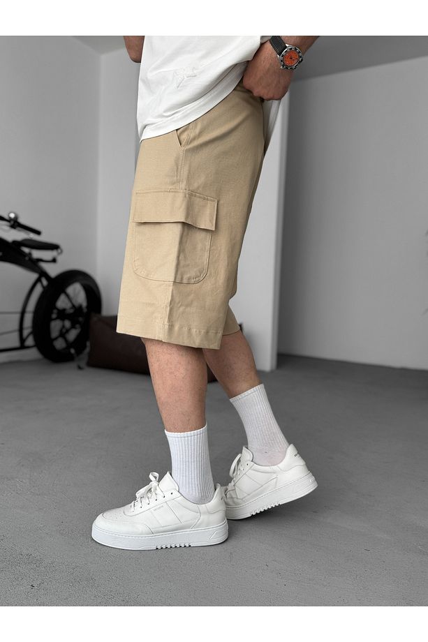 Bej Likralı Gabardin Kargo Şort PM-018 - 4