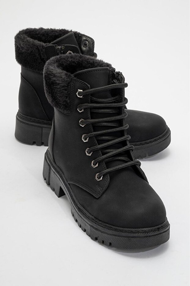 Kadın Kürklü Bağcıklı Bot SİYAH ZÜMRÜT - 1