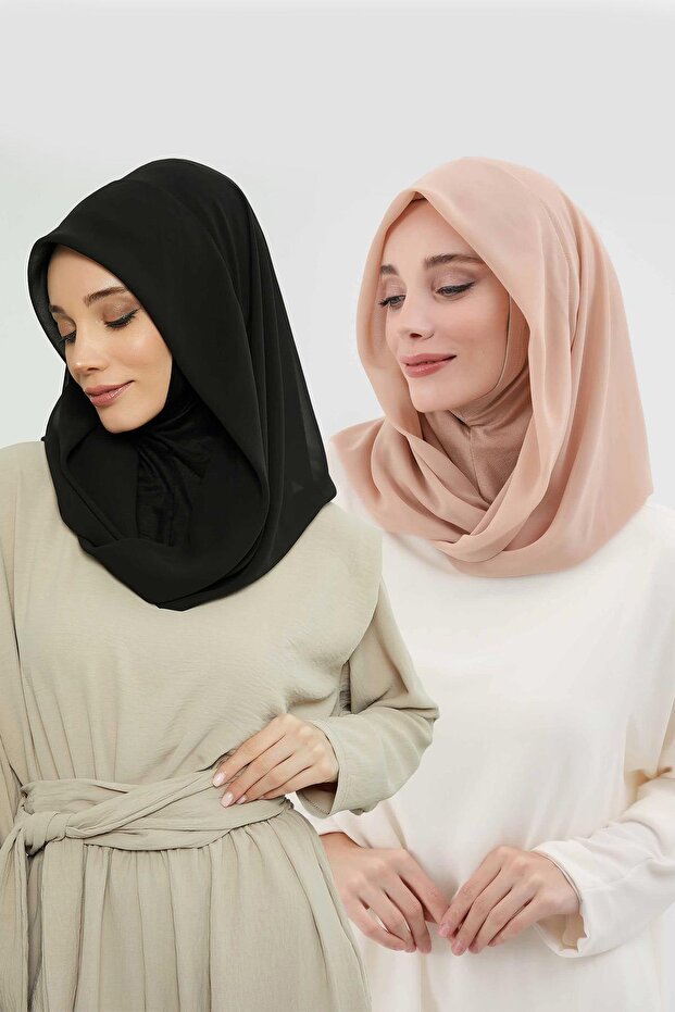 مجموعة من 2 وشاح شيفون عملي مع بطانة داخلية من القطن الممشط، أسود - بني حليبي، PS-45SET