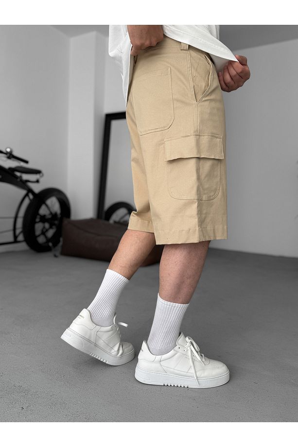 Bej Likralı Gabardin Kargo Şort PM-018 - 3