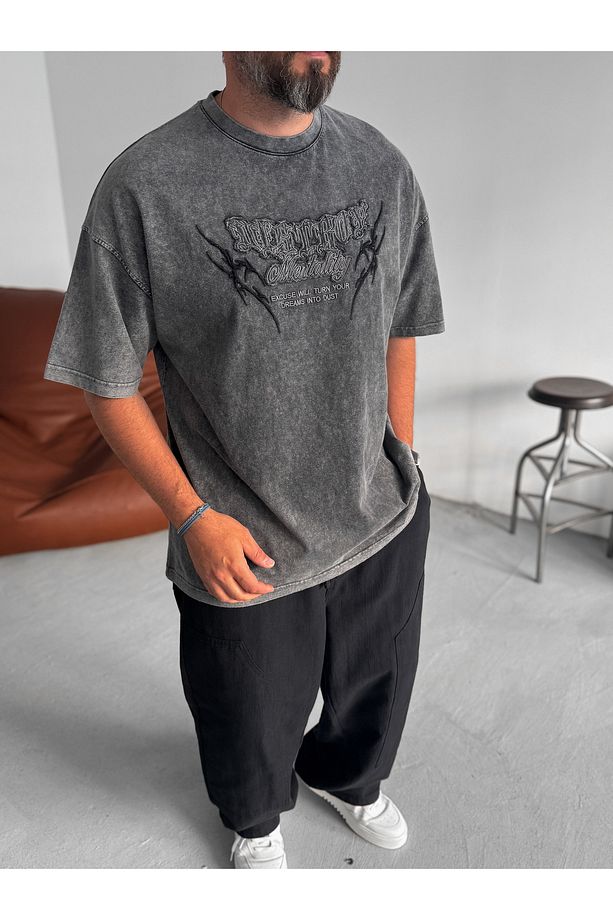 Antrasit Mentality Yıkamalı Oversize T-Shirt JJ-159 - 3
