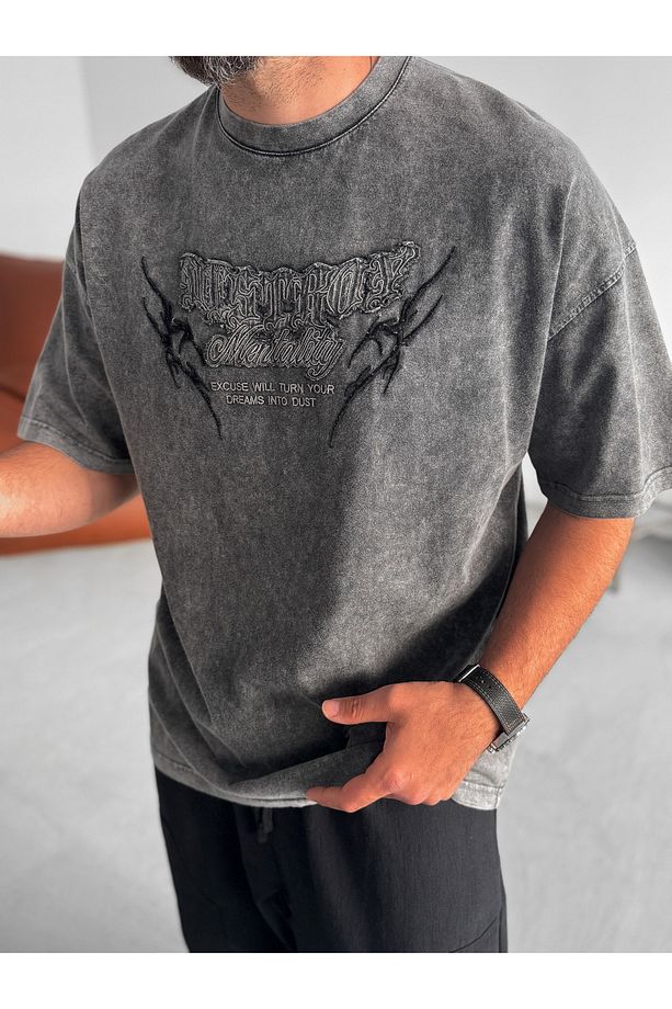 Antrasit Mentality Yıkamalı Oversize T-Shirt JJ-159 - 6