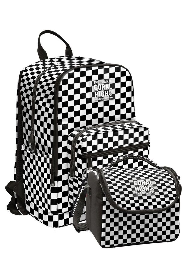 Primary and Secondary School Backpack and Nutrition Set - Black and White Checkered for Girls