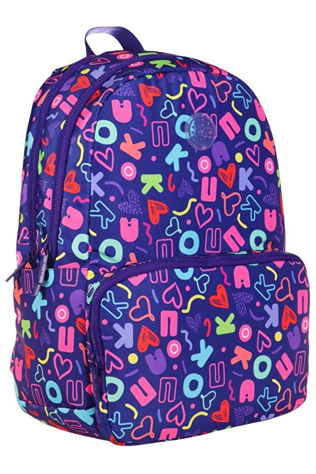 Girl's Heart and Kaukko Printed Navy Blue School Bag - Three Compartments - K1782