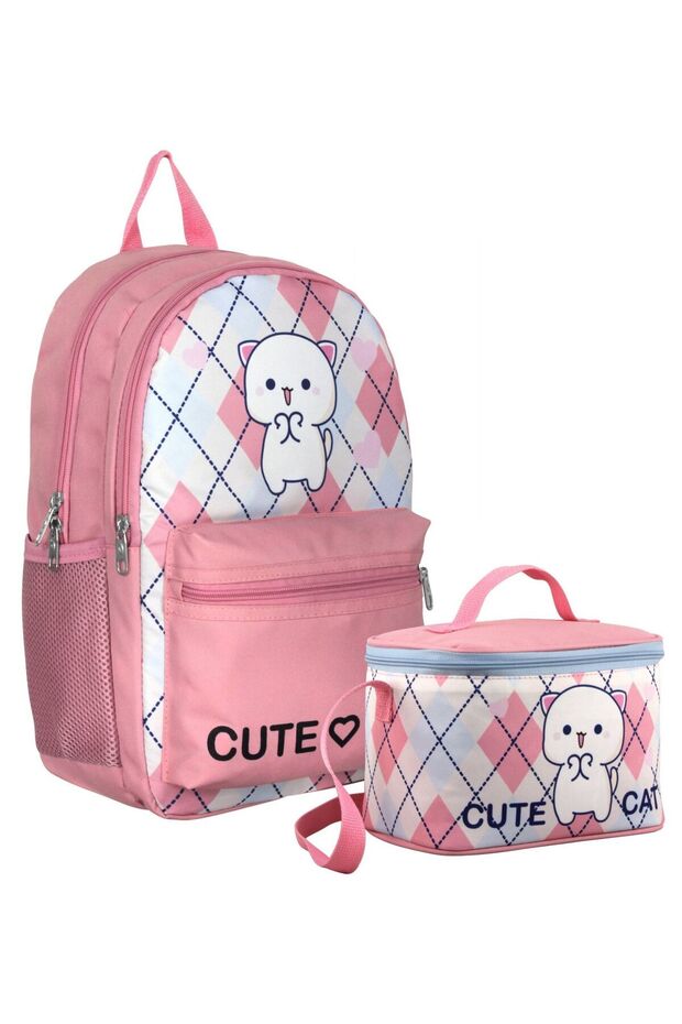 Love Cute Cat Patterned Girl's White Pink Double Bag and Nutrition Set - Setumt5024B