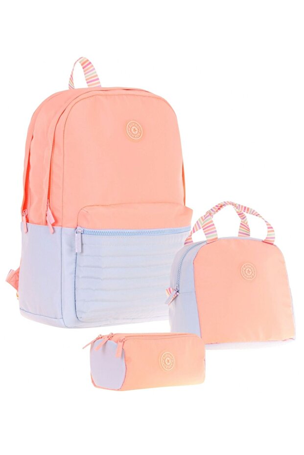 Quick Triple Girl's School Bag Set - Salmon - Quilted Detailed