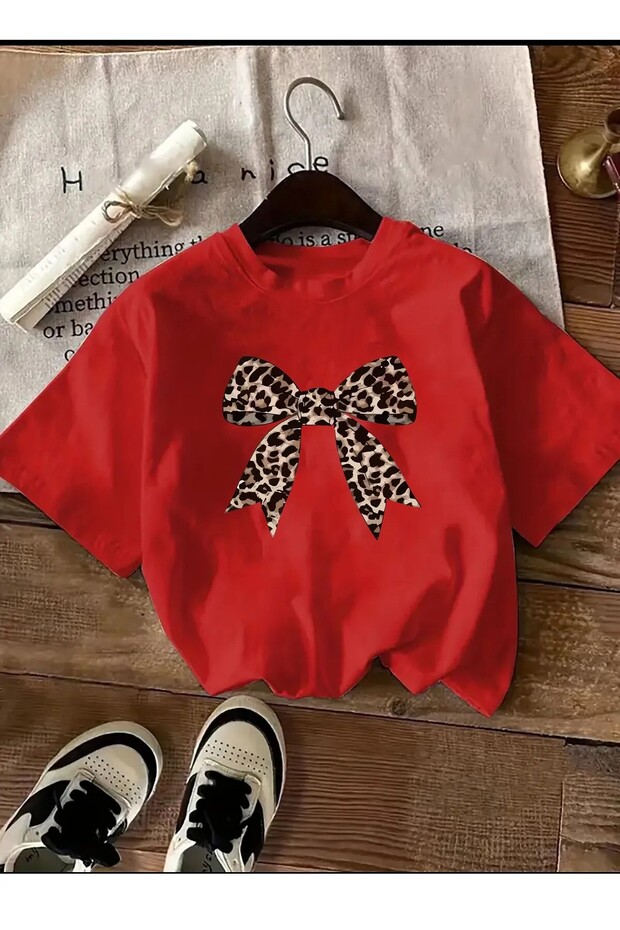LEOPARD PRINTED RIBBON DETAIL BASIC T-SHIRT