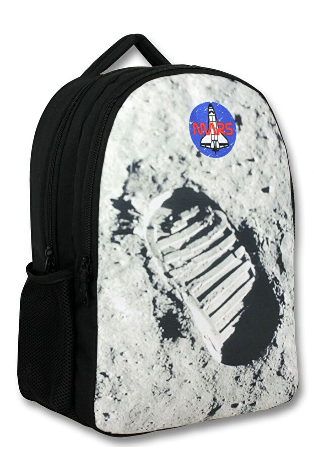 Ümit Çanta Boys' School Backpack - Mars Footprint - White Black - 5101 (7 Years and Above)