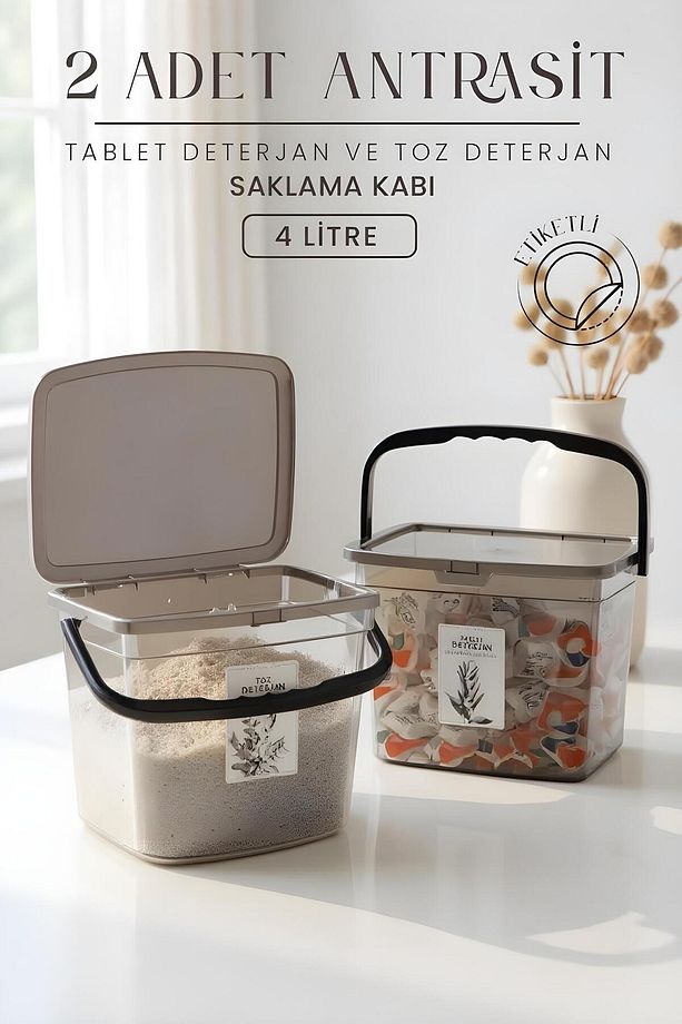 2'li Kulplu 4 Litre Deterjan Saklama Kabı – Toz ve Tablet Deterjan Kutusu, Etiketli - 1