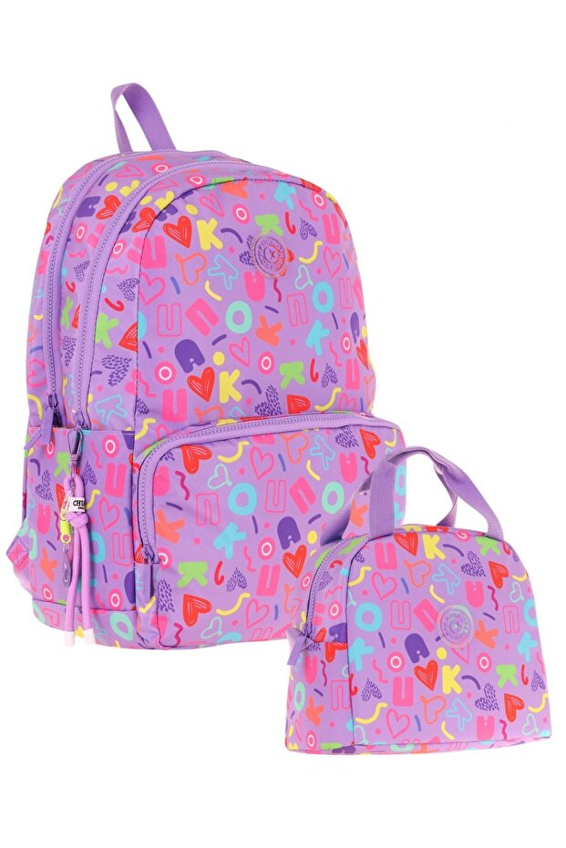 Girls' School Backpack and Lunch Bag Set - Purple - Heart and Kaukko Printed