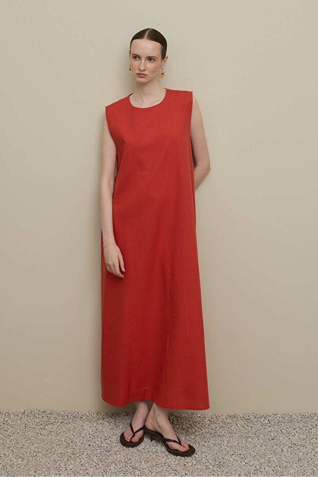 Kalın Askılı Basic Keten Elbise Kırmızı - 8
