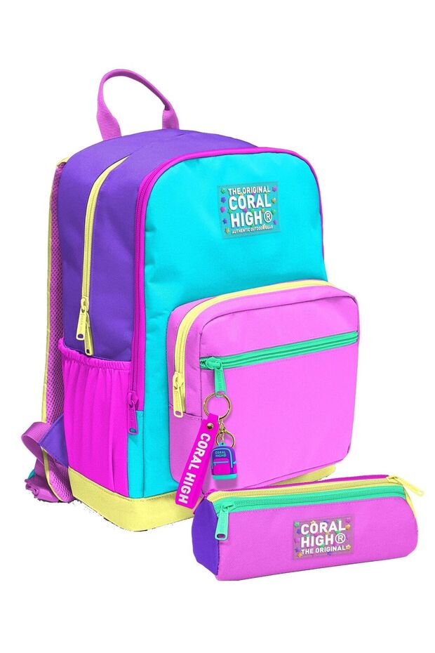 Girl's Backpack and Pen Holder Set - Purple Green Pink Multicolor - Primary School