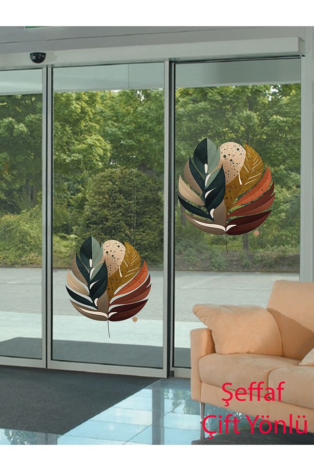 Şeffaf Çift Yönlü, Boho, Bohem Yapraklar, Oturma Odası Ve Salon Cam Duvar Sticker - 4