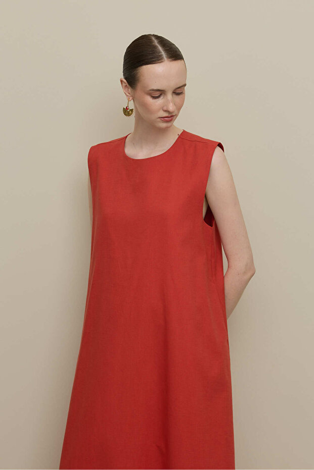 Kalın Askılı Basic Keten Elbise Kırmızı - 7