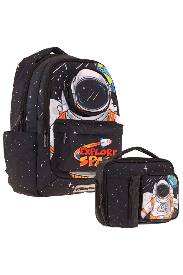 Men's 3D Astronaut Shaped Black School Backpack and Thermal Insulated Lunch Bag Set