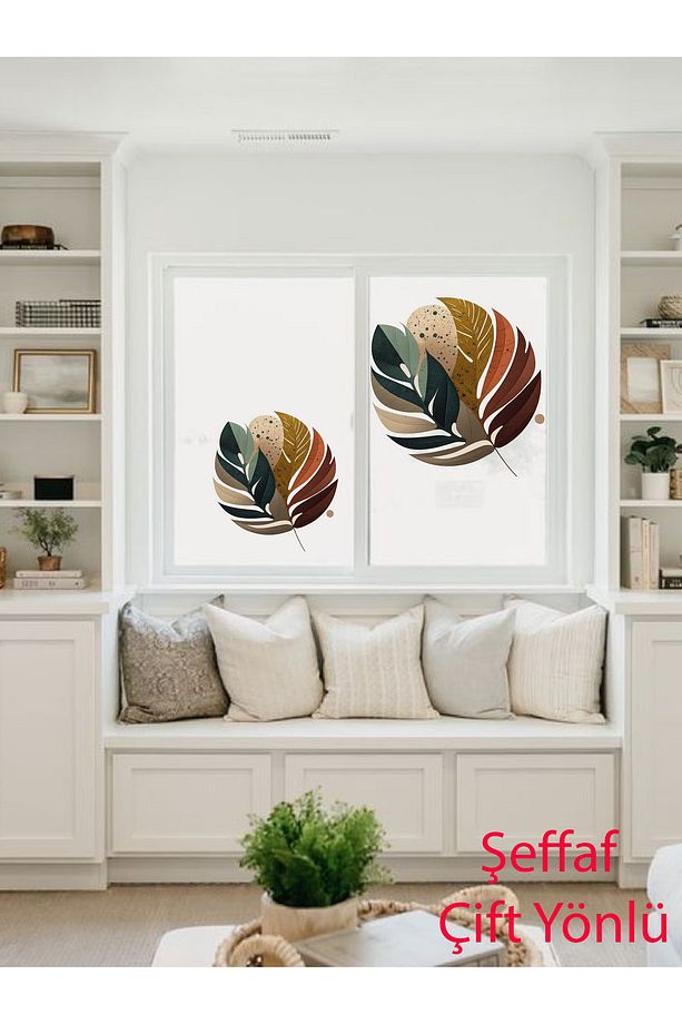 Şeffaf Çift Yönlü, Boho, Bohem Yapraklar, Oturma Odası Ve Salon Cam Duvar Sticker - 2