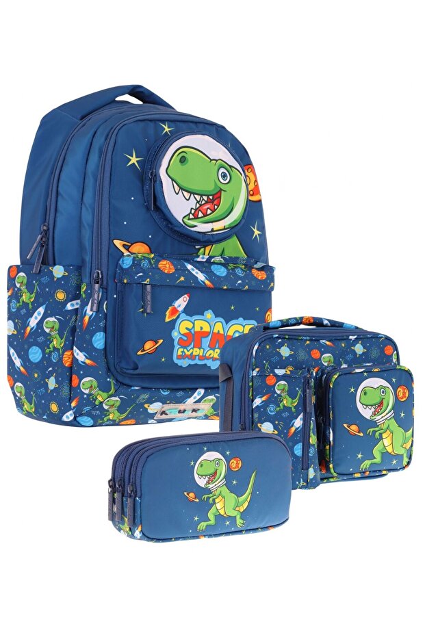 3D Dinosaur Shaped Boys Triple School Bag Set/Kit - Navy Blue (L5252+L7252+L8252)