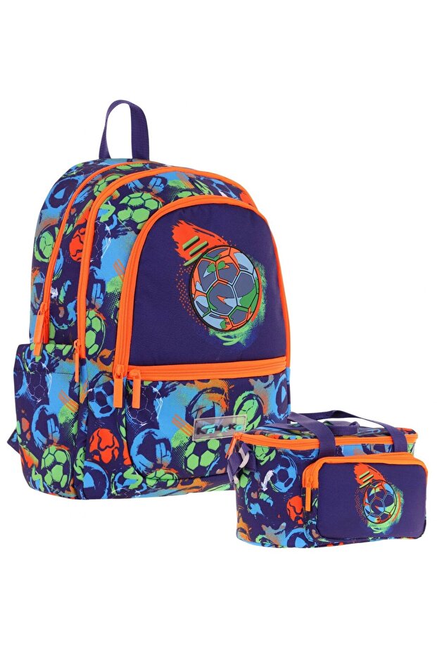 Men's School Bag and Lunch Bag Set Football Printed - Navy Blue Orange