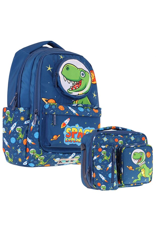 Men's 3D Dinosaur Shaped Navy Blue School Backpack and Thermal Insulated Lunch Bag Set